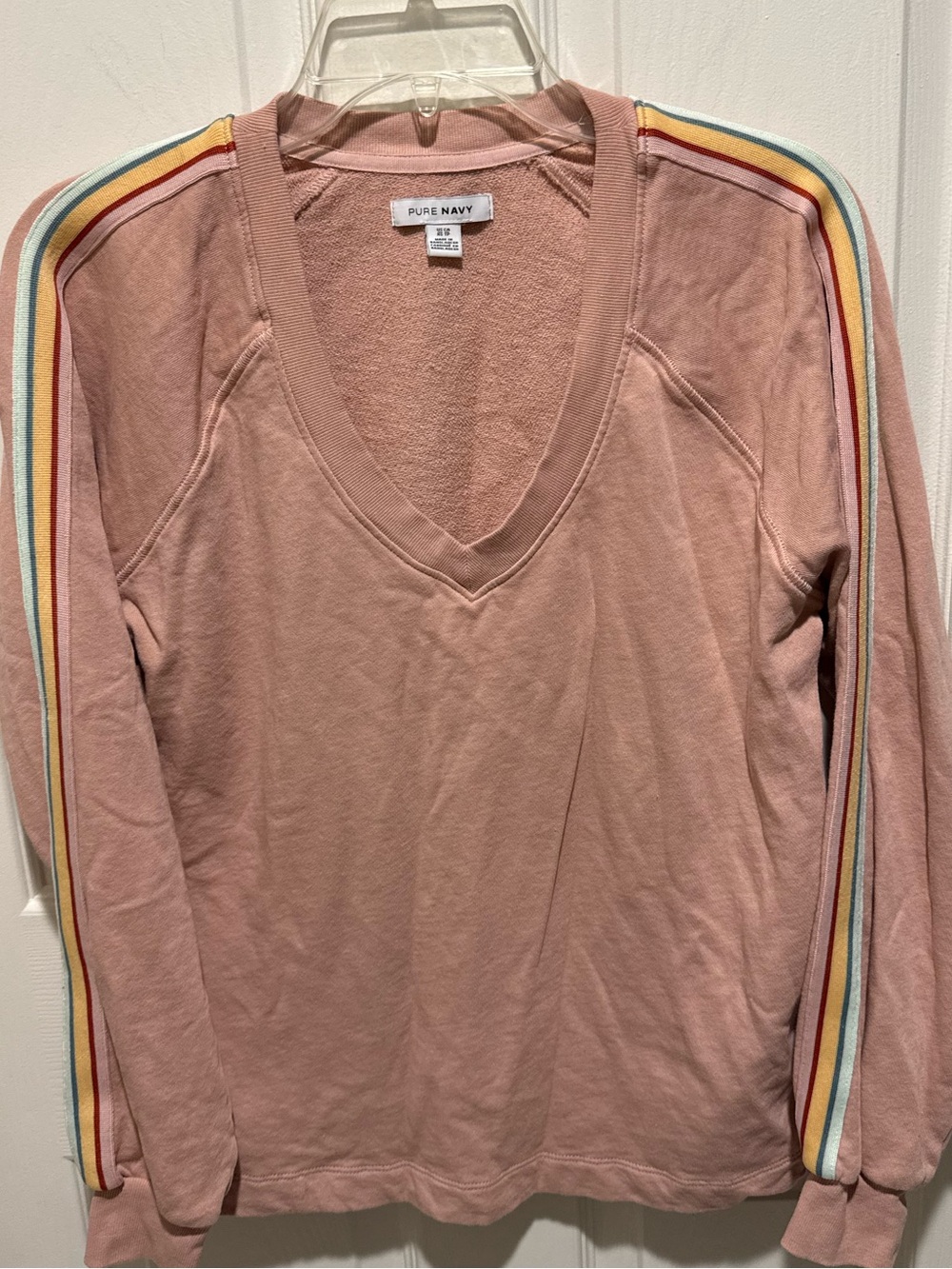 Pure Navy V-Neck Pullover Sweatshirt Rainbow Stripe Sleeves Dusty Rose Pink XS